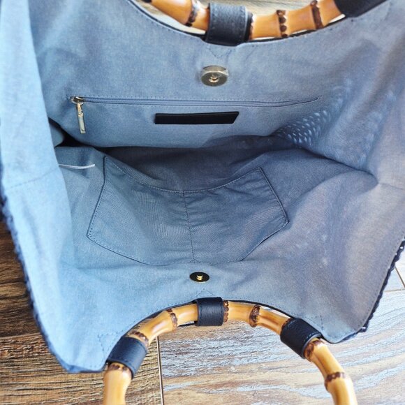 NWoT Talbots 100% Paper Straw Round Bamboo Handle Leather Trim Tote Bag Blue - Picture 9 of 13